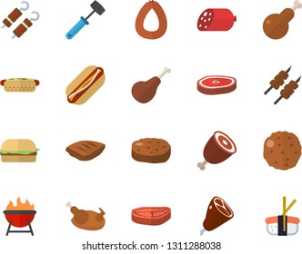 Color flat icon set meat hammer flat vector, barbecue, chop, ham, sausage, hamburger, hot dog, chicken, shashlik, cutlet, sashimi