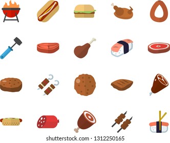 Color flat icon set meat hammer flat vector, barbecue, chop, ham, sausage, hamburger, hot dog, chicken, shashlik, cutlet, sashimi