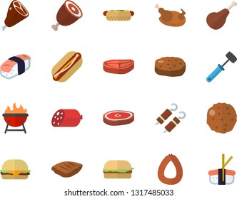 Color flat icon set meat hammer flat vector, barbecue, chop, ham, sausage, hamburger, hot dog, chicken, shashlik, cutlet, sashimi