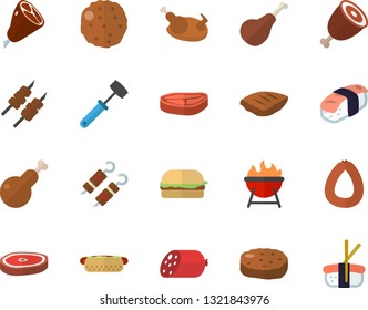 Color flat icon set meat hammer flat vector, barbecue, chop, ham, sausage, hamburger, hot dog, chicken, shashlik, cutlet, sashimi