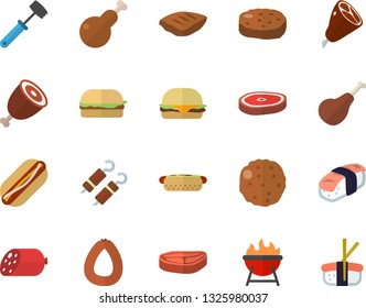 Color flat icon set meat hammer flat vector, barbecue, chop, ham, sausage, hamburger, hot dog, chicken, shashlik, cutlet, sashimi