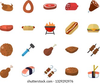 Color flat icon set meat hammer flat vector, barbecue, chop, ham, sausage, hamburger, hot dog, chicken, shashlik, cutlet, sashimi