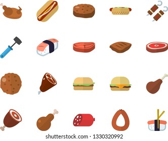 Color flat icon set meat hammer flat vector, chop, ham, sausage, hamburger, hot dog, chicken, shashlik, cutlet, sashimi
