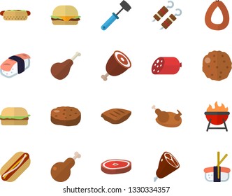 Color flat icon set meat hammer flat vector, barbecue, ham, sausage, hamburger, hot dog, chicken, chop, shashlik, cutlet, sashimi