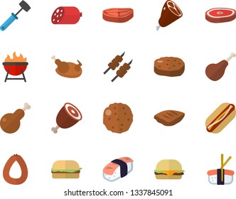 Color flat icon set meat hammer flat vector, barbecue, chop, ham, sausage, hamburger, hot dog, chicken, shashlik, cutlet, sashimi