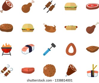 Color flat icon set meat hammer flat vector, barbecue, chop, ham, sausage, hamburger, hot dog, chicken, shashlik, cutlet, sashimi