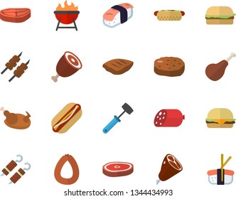 Color flat icon set meat hammer flat vector, barbecue, chop, ham, sausage, hamburger, hot dog, chicken, shashlik, cutlet, sashimi
