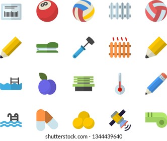 Color flat icon set meat hammer flat vector, temperature, plum, bench, radiator, barcode, pencil, stapler, satellit, bowling ball, volleyball, pills, pool, whistle