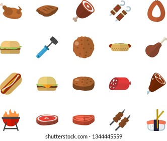 Color flat icon set meat hammer flat vector, barbecue, chop, ham, sausage, hamburger, hot dog, chicken, shashlik, cutlet, sashimi