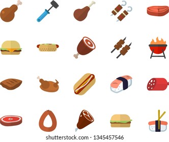 Color flat icon set meat hammer flat vector, barbecue, chop, ham, sausage, hamburger, hot dog, chicken, shashlik, sashimi