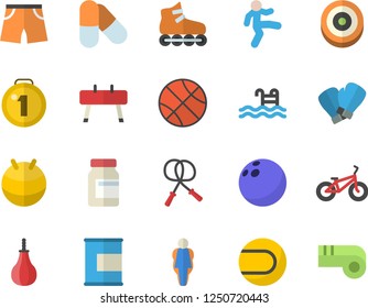 Color flat icon set medal flat vector, bowling ball, basketball, bicycle, vitamins, skipping rope, sports equipment horse, pear, athletic shorts, tennis, fitball, boxing gloves, roller Skates, pills