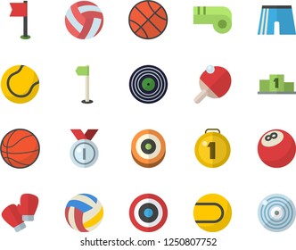 Color flat icon set medal flat vector, pedestal, bowling ball, basketball, volleyball, athletic shorts, sports flag, tennis, boxing gloves, target, table, whistle