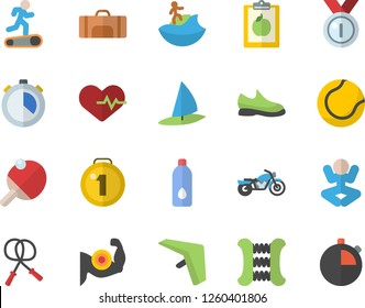 Color flat icon set medal flat vector, sneakers, heartbeat, diet, muscles, skipping rope, carpal expander, tennis ball, yoga, Treadmill, water, table, sport bag, motorcycle fector, hang glider