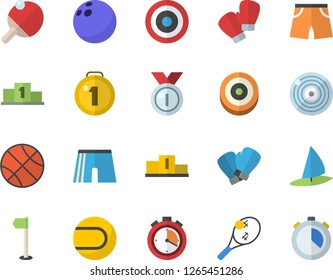 Color flat icon set medal flat vector, pedestal, bowling ball, basketball, stopwatch, athletic shorts, sports flag, tennis, boxing gloves, target, table, fector, windsurfing