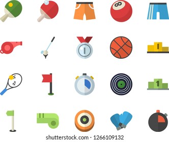 Color flat icon set medal flat vector, pedestal, whistle, bowling ball, basketball, athletic shorts, sports flag, boxing gloves, target, table tennis, fector, golf, stopwatch