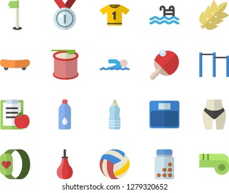 Color flat icon set medal flat vector, skateboard, volleyball, diet, weighing machine, waistline, vitamins, parallel bars, sports pear, flag, sport T shirt, swimming, steroids, water, pool, whistle