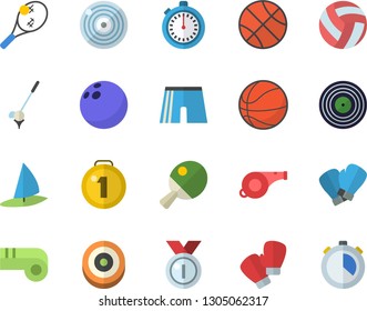Color flat icon set medal flat vector, whistle, bowling ball, basketball, volleyball, stopwatch, athletic shorts, boxing gloves, target, table tennis, fector, golf, windsurfing