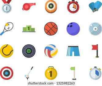 Color flat icon set medal flat vector, pedestal, whistle, bowling ball, basketball, volleyball, stopwatch, athletic shorts, sports flag, tennis, boxing gloves, target, fector, golf