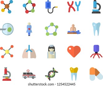Color flat icon set medical warmer flat vector, heart, virus, massage, ambulance, gestation, nurse, chromosomes, molecules, artificial insemination, tooth, dental crowns, lungs, molecule, microscope