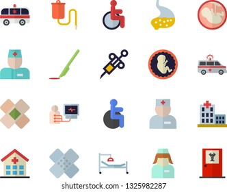 Color flat icon set medical warmer flat vector, syringe, disabled, hospital, physician, bed, ambulance, patch, diagnostics, embryo, nurse, scalpel, stomach, doctor's office fector