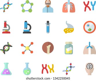 Color flat icon set medical analysis flat vector, DNA, chromosomes, bone fracture, stomach, lungs, flask, molecule, microscope, scientist, beakers, Petri dish, brain fector