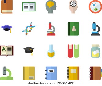 Color flat icon set microscope flat vector, medical analysis, DNA, notebook, book, bachelor cap, textbook, Petri dish, brain fector