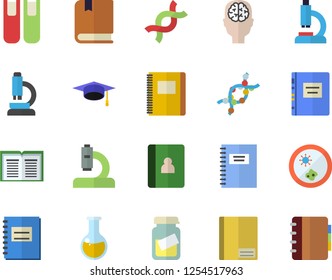 Color flat icon set microscope flat vector, medical analysis, DNA, notebook, book, bachelor cap, textbook, Petri dish, brain fector