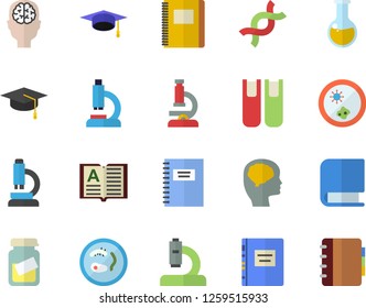 Color flat icon set microscope flat vector, medical analysis, DNA, book, bachelor cap, textbook, notebook, Petri dish, brain fector