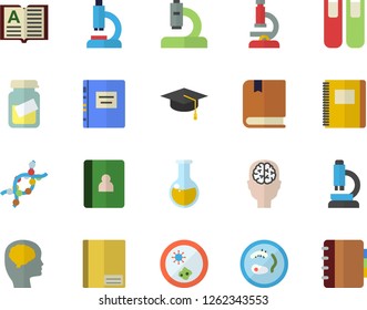 Color flat icon set microscope flat vector, medical analysis, DNA, notebook, book, bachelor cap, textbook, Petri dish, brain fector