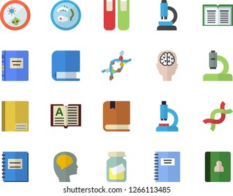 Color flat icon set microscope flat vector, medical analysis, DNA, notebook, book, textbook, Petri dish, brain fector