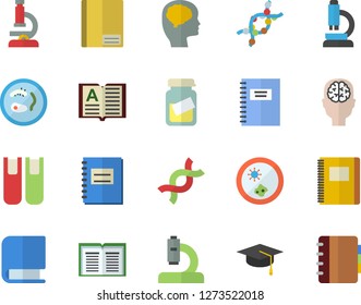 Color flat icon set microscope flat vector, medical analysis, DNA, notebook, book, bachelor cap, Petri dish, brain fector