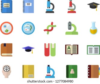 Color flat icon set microscope flat vector, medical analysis, DNA, notebook, book, bachelor cap, textbook, Petri dish, brain fector