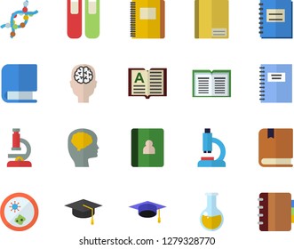 Color flat icon set microscope flat vector, medical analysis, DNA, notebook, book, bachelor cap, textbook, Petri dish, brain fector