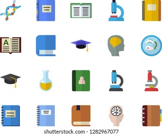 Color flat icon set microscope flat vector, medical analysis, DNA, notebook, book, bachelor cap, textbook, Petri dish, brain fector