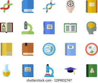 Color flat icon set microscope flat vector, medical analysis, DNA, notebook, book, bachelor cap, textbook, Petri dish, brain fector