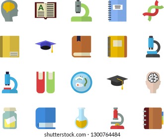 Color flat icon set microscope flat vector, medical analysis, DNA, notebook, book, bachelor cap, textbook, Petri dish, brain fector