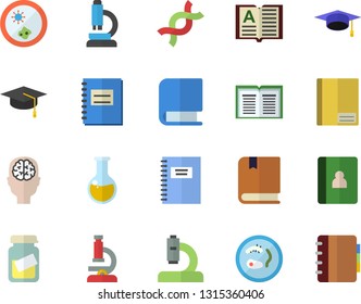 Color flat icon set microscope flat vector, medical analysis, DNA, notebook, book, bachelor cap, textbook, Petri dish, brain fector
