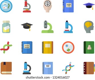 Color flat icon set microscope flat vector, medical analysis, DNA, notebook, bachelor cap, textbook, Petri dish, brain fector