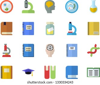 Color flat icon set microscope flat vector, medical analysis, DNA, notebook, book, bachelor cap, textbook, Petri dish, brain fector