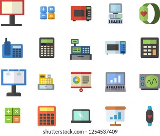 Color flat icon set microwave flat vector, billboard, calculator, cash machine, chart, telephone, laptop, computer, oscilloscope, fitness bracelet
