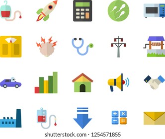 Color flat icon set microwave flat vector, well, power line support, manufactory, autopilot, chart, calculator, blood transfusion, stethoscope, sperm, agreement, rocket, brainstorm, weighing machine