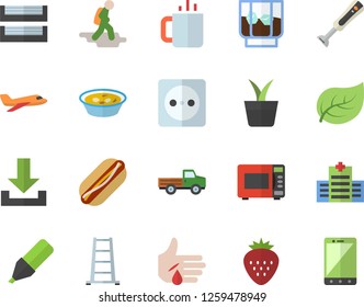 Color flat icon set microwave flat vector, blender, hot dog, soup, whiskey, tea, Strawberry, home plant, pickup truck, ladder, tree leaf, socket, marker, injury, paper tray, aircraft fector, hike