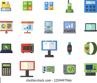 Color flat icon set microwave flat vector, billboard, calculator, cash machine, chart, telephone, laptop, computer, oscilloscope, fitness bracelet, dispenser fector