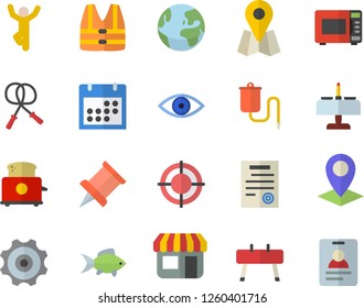 Color flat icon set microwave flat vector, toaster, fish, store front, location, medical warmer, eye, calendar, target, contract, cogwheel, pushpin, skipping rope, sports equipment horse, gymnastics