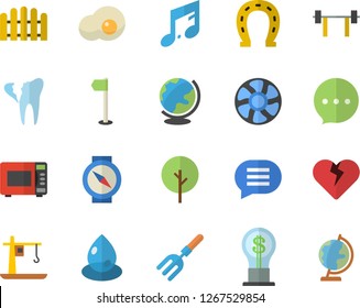 Color flat icon set microwave flat vector, scrambled eggs, tree, horseshoe, pitchfork, fence, ventilation, drop, crane, idea, broken tooth, barbell, sports flag, compass fector, chat, heart, note