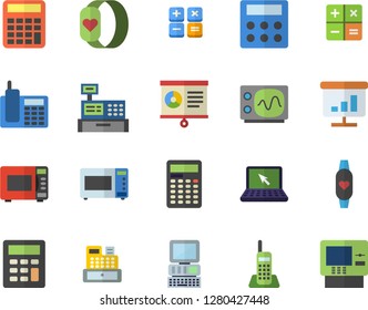 Color flat icon set microwave flat vector, calculator, cash machine, chart, telephone, laptop, computer, oscilloscope, fitness bracelet, dispenser fector