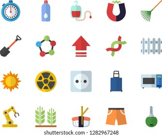 Color flat icon set microwave flat vector, sashimi, shovel, rake, sun, socket, radiation, radiator, blood transfusion, DNA, molecules, magnet, industrial robot, ear, stopwatch, athletic shorts, key