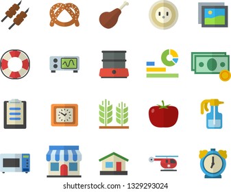 Color flat icon set microwave flat vector, double boiler, tomato, ham, bagel, shashlik, pulverizer, house, socket, store front, cash, statistics, clock, helicopter, clipboard, oscilloscope, ear