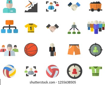 Color flat icon set mining flat vector, hierarchy, target audience, team, physician, recruitment, agreement, businessman, basketball, volleyball, athletic shorts, sport T shirt