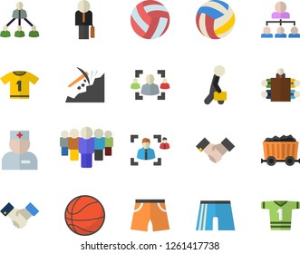 Color flat icon set mining flat vector, team, physician, recruitment, meeting, hierarchy, agreement, businessman, basketball, volleyball, athletic shorts, sport T shirt